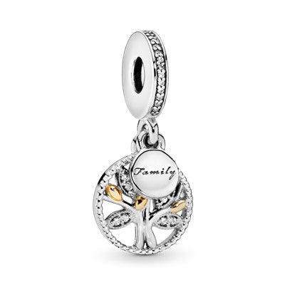 Pandora Family tree silver dangle with 14k and clear cubic zirconia