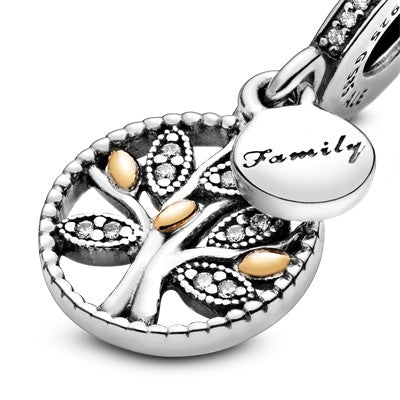 Pandora Family tree silver dangle with 14k and clear cubic zirconia