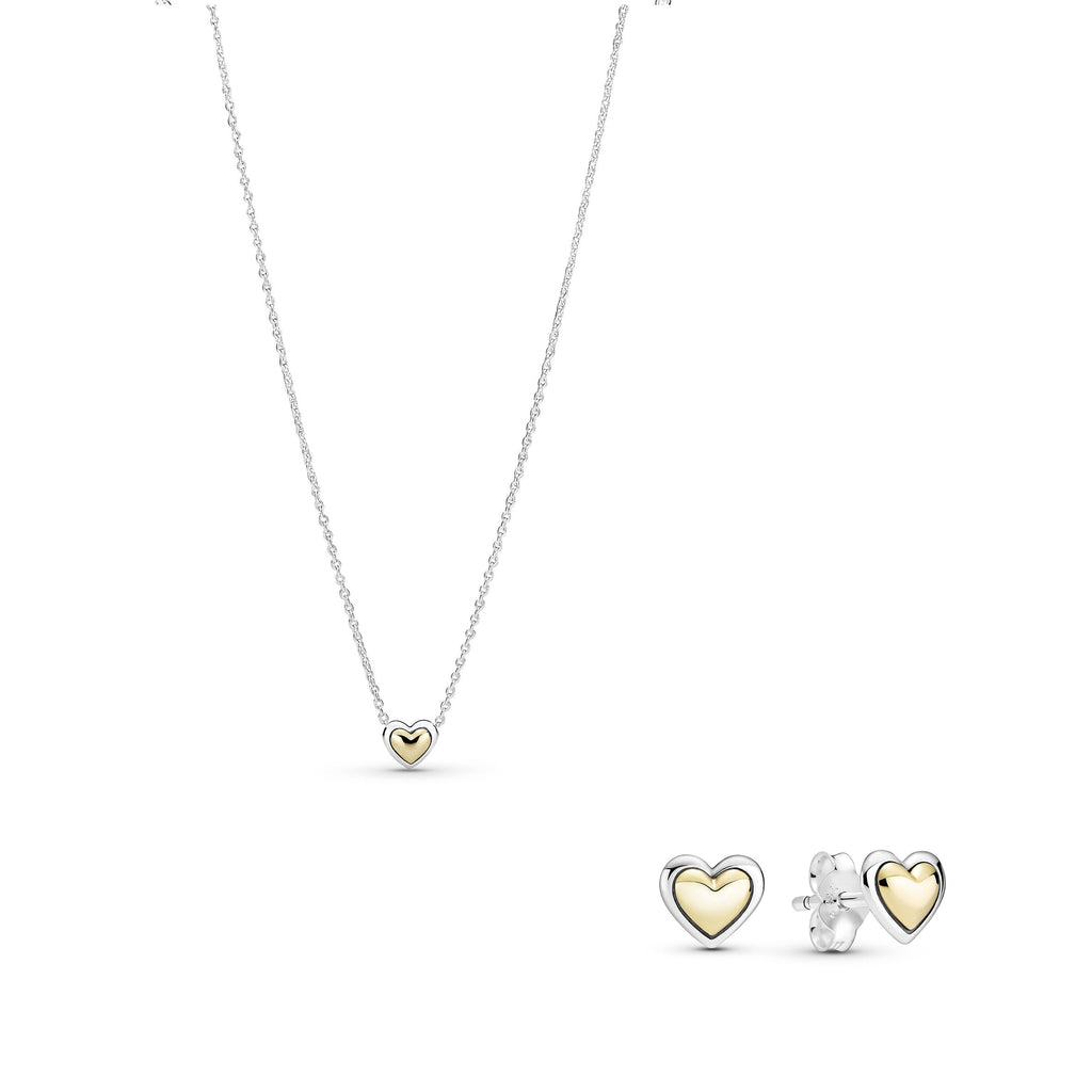 Pandora Heart Sterling Silver and 14k Gold Necklace & Earring Jewellery Set